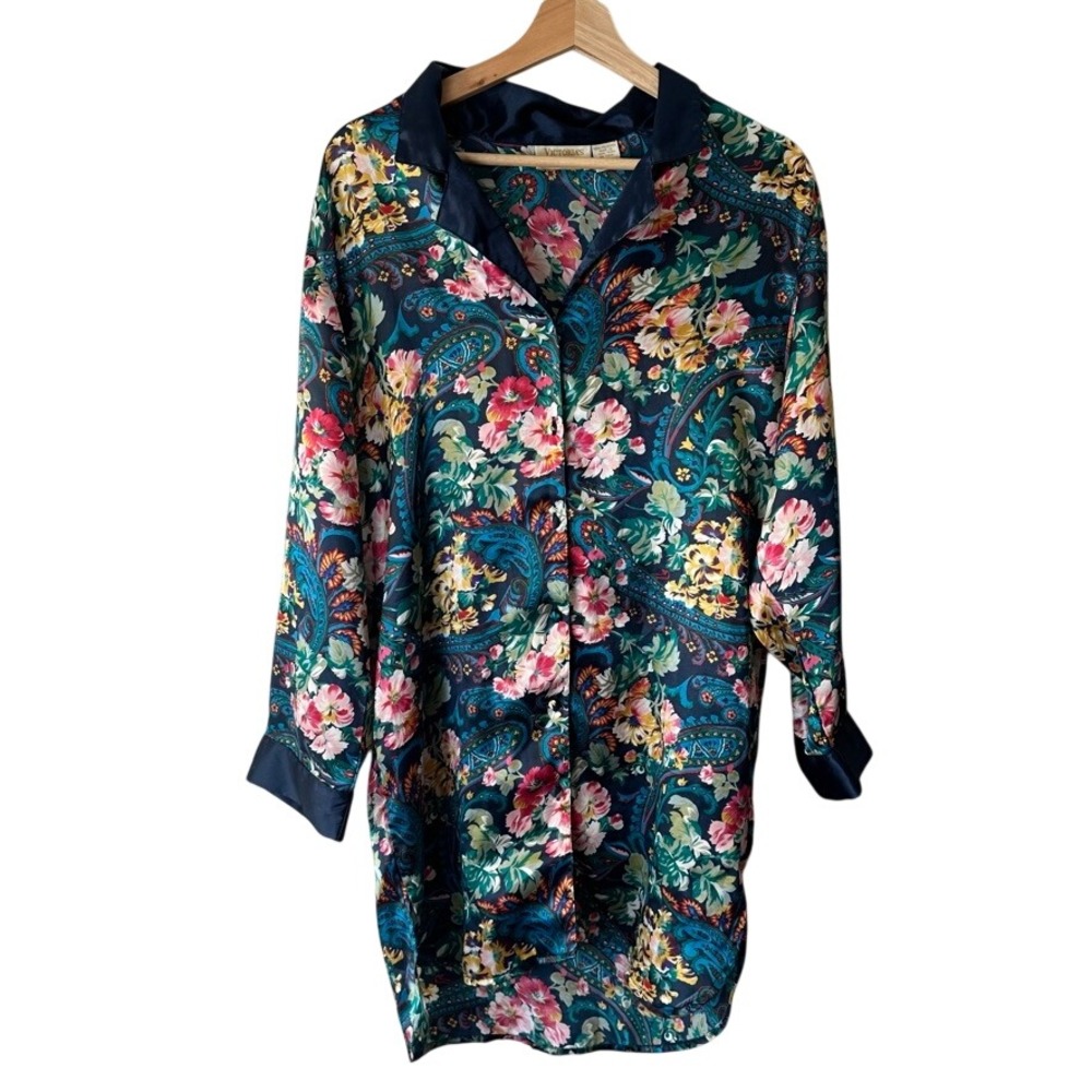 Vintage Victoria's Secret Gold Label Floral Nightgown SleepShirt Navy Blue Small
